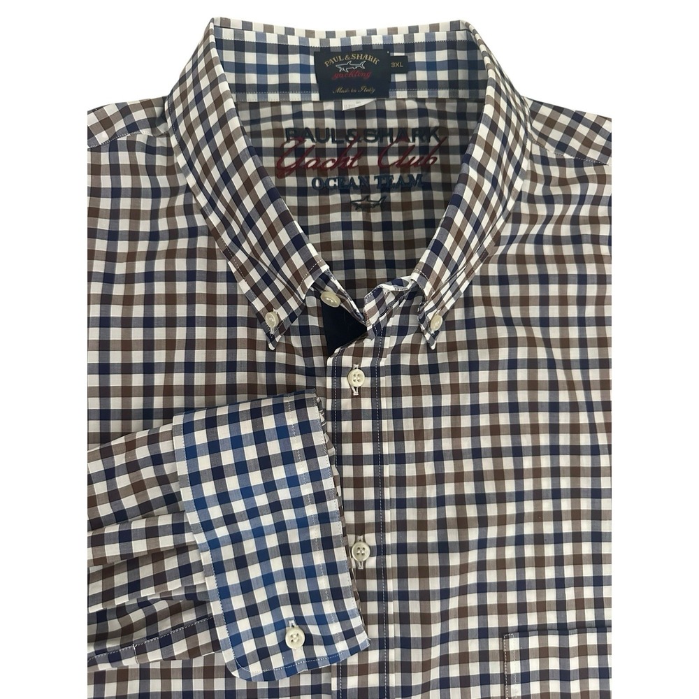 Paul & Shark Men Shirt Ocean Team 3XL Tall‎ Brown Navy Check Flip Cuff